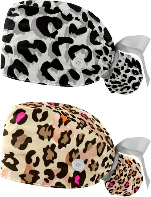 2 Packs Leopard Unisex Scrub Caps Surgical Women with Button Adjustable Hats Surgical Caps for Women...