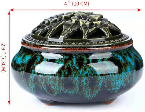 Ceramic Incense Burner with Incense Stick Holder + Insulation use for Stick or Coil Incense, Sage Cones and Frankincense (Fambe Blue)...