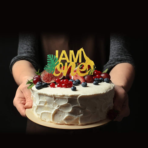 I AM ONE Birthday Cake Topper - Real Wild Child First Birthday - Smash Jungle Safari Animals Gifaffe Cake Décor - Baby Shower Welcome Baby Party D...