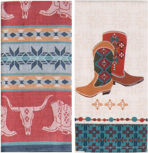 Kay Dee Southwest at Heart Jacquard Tea Towel & Boots Tea Towel, Set of 2 Southwestern Native Print Western Cowboy Kitchen Towels Dishtowel Set...
