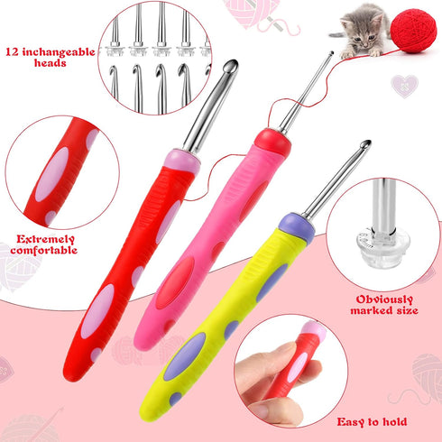 12 Sizes 2.0 mm to 8 mm Crochet Hooks Set, 3 Pcs Soft Grip Ergonomic Interchangeable Handle Crochet Hooks Beginner Knitting Kit Gift for DIY Craft...