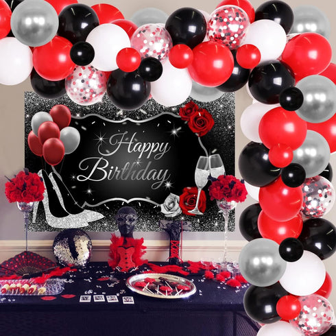 JOYMEMO Red Black and Silver Party Decorations for Women's Birthday Party Supplies - Red Black Silver Balloon Garland Happy Birthday Backdrop High...
