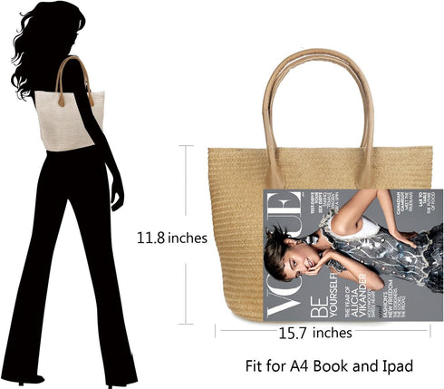HOXIS Straw Rattan Women Tote Summer Beach Shoulder Handbag Medium Size 17.8''x12.6"x5.1"...