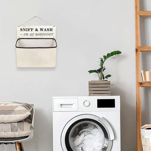 Laundry Room Decor and Organization: Wall-Hanging Lost Socks Storage Bag, Funny Wooden Sign - Single Canvas Basket for Sock Organization (SNIFF & ...