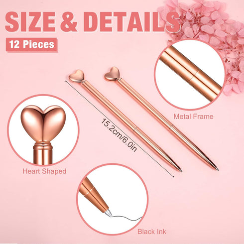 Chinco 12 Pieces Heart Shaped Pens Black Ink Retractable Metal Decorative Cute Pens for Women Girl Heart Writing Ballpoint Pens for Wedding Baby S...