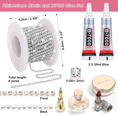 B7000 Clear Glue Crystal Rhinestone Close Chain Trim, 8 Yards 2MM Silver Rhinestone Chain Clear Beads for Sewing Clothes Cups DIY Craft Jewelry We...