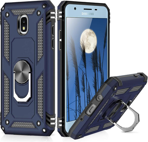 TJS Phone Case Compatible with Samsung Galaxy J7, Metal Ring Magnetic Support Protector Cover (Blue)...