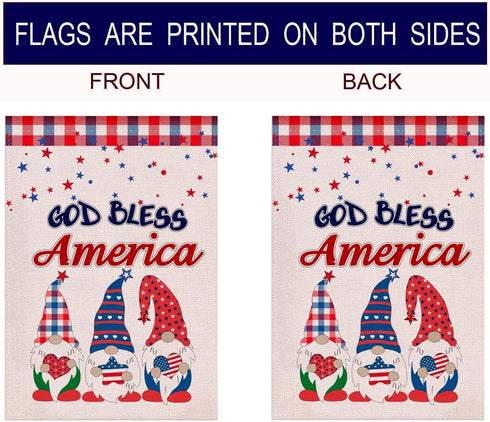 God Bless America Patriotic Garden Flag,4th of July Gnomes with US Star Garden Flag,Spring Summer Independence Day Double Sided Seasonal Burlap Ga...