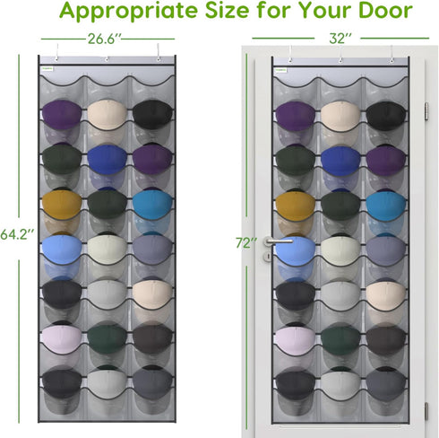 Unjumbly Baseball Hat Rack, 24 Pocket Over-The-Door Hat Organizer with Clear Deep Pockets to Display Baseball Caps Collection, Complete with 3 Ove...