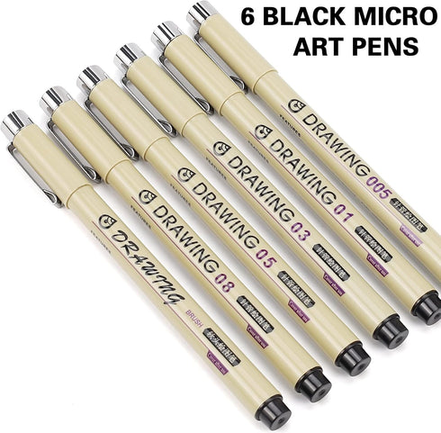 Micro Fineliner Drawing Art Pens: 6 Black Fine Line Waterproof Ink Set Artist Supplies Archival Inking Markers Pigment Liner Journaling Sketch Out...