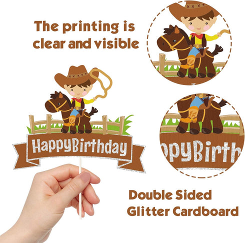 Glitter Cowboy Happy Birthday Cake Topper,Wild West Cowboy Cake Decor, Western Themed Party Decorations for Boys Girls and Kids Birthday or Baby S...
