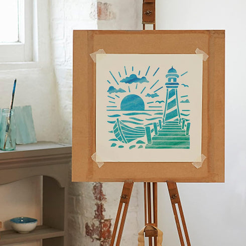 Lighthouse Stencils 11.8 x 11.8 Inch Sea Ocean Nautical Sailboat Stencils Reusable PET Summer Clouds Sun SeagullsStencils for Painting on Walls, A...