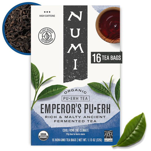 Numi Organic Emperor's Pu-erh Tea, 16 Tea Bags, Aged Fermented Yunnan Black Tea, Caffeinated (Packaging May Vary)...