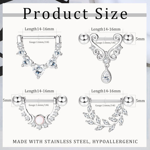 JOERICA 4 Pairs 14G Nipple Rings for Women 316L Stainless Steel Heart Teardrop Moon Star Opal Leaf CZ Barbell Nipple Rings Set Cute Nipplerings Pi...