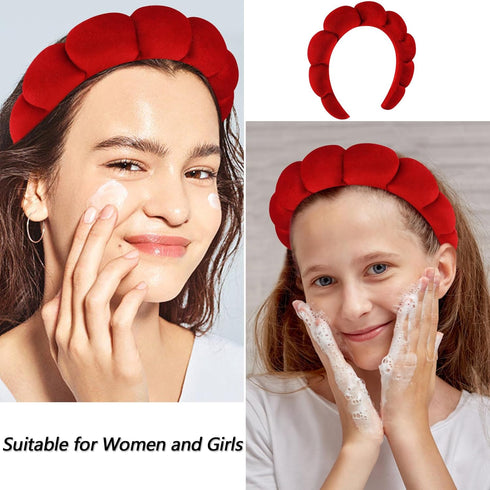 VELSCRUN 3 Pcs Spa Headband, Makeup Headband, Face Wash Headband, Skincare Headbands, Red Velvet Puffy Sponge Hair Band Bow Tie Bubble Spa Headban...