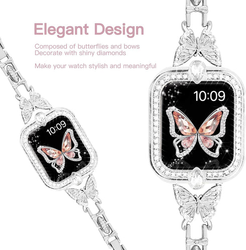 wipalor Compatible with Apple Watch Band 44mm+Gemstones Case, Lightweight for Women, Easy Adjustable Bracelet, Shiny Diamond on Butterfly, Jewelry...