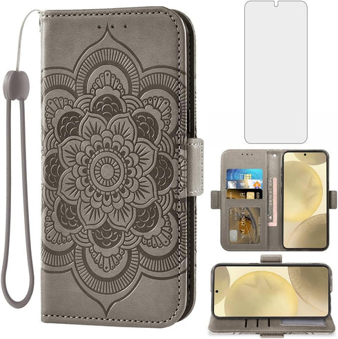 Asuwish Phone Case for Samsung Galaxy S24 5G Wallet Cover with Tempered Glass Screen Protector and Leather Flip Credit Card Holder Stand Wrist Str...