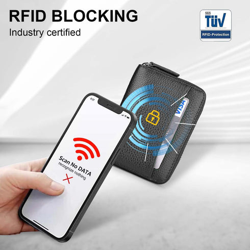 RFID Blocking Credit Card Wallet for Women or Men, Minimalist Genuine Leather Zippered Small Coin Purse.(Black)...