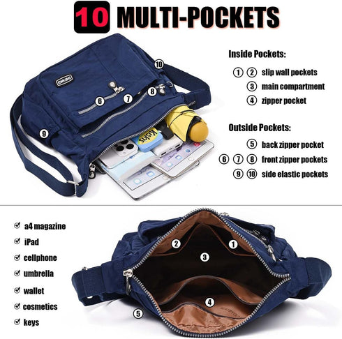 Crossbody Bag for Women, Multi Pockets Waterproof Nylon Shoulder Handbag, Lightweight Crossbody Purse for Ladies...