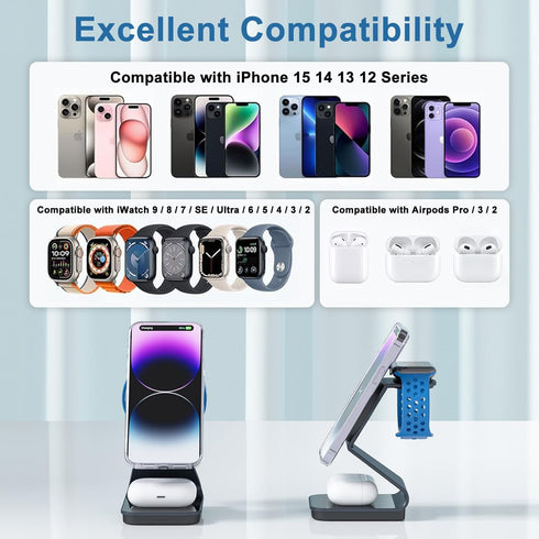 3 in 1 Wireless Charger Stand Aluminum Alloy Mag - Safe Wireless Charging Station Compatible with iPhone 15/14/13/12 Series iWatch AirPods Multipl...