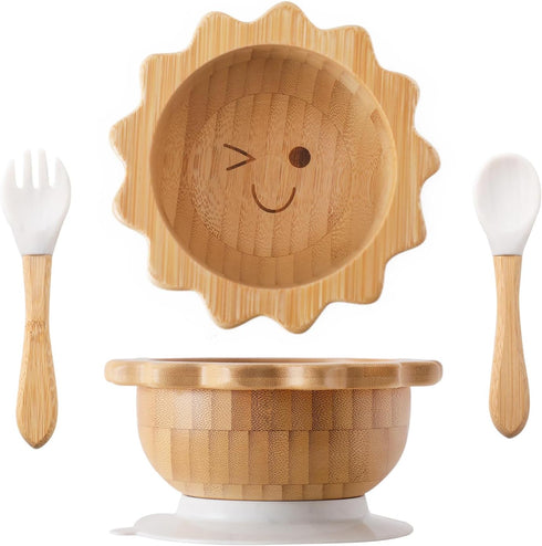 Bamboo Suction Bowl for Baby Kid Toddler Bowl Spoon Fork Set with Removable Silicone Suction All-Natural Baby Feeding Set for Baby-Led Weaning Fit...