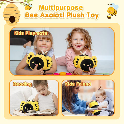 Cute Black Axolotl Bee Plush, Kawaii Plushies Honeybee Stuffed Toy, Axolotl Plushie with Bee Outfit Costume, Animal Hugging Cuddly Pillow, Soft Sq...