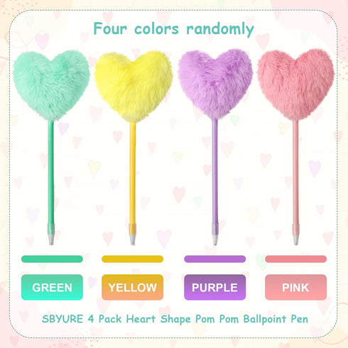 Pom Pom Ballpoint Pen 4 Pack Heart Shape Puffy Pens Fluffy Pen for Girls Colorful Fuzzy Pens Ballpoint Pens for School,Office and Party Supplies...
