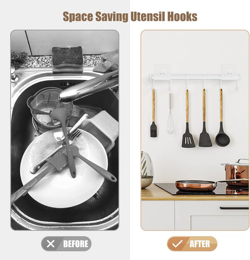 Kitchen Utensil Rack Wall Mount, White Adhesive Kitchen Utensil Hanger No Drilling Kitchen Utensil Holder Space Saving Kitchen Wall Hooks for Kitc...