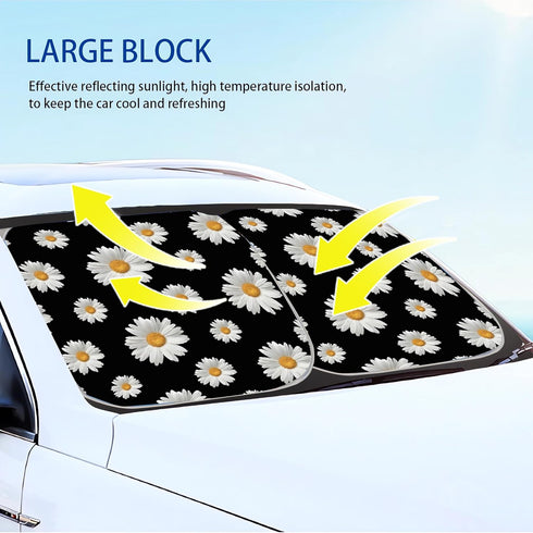 Fashion Daisy Windshield Sun Shade, Flower Designs Auto Car Truck SUV Vehicle Universal-fit Front Windshield Sunshade Pack of 2 Car Front Sun Viso...