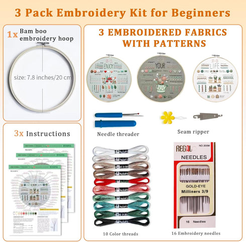 LYSHIATSU 3 Sets Embroidery Starter Kit for Beginners, Patterns Cross Stitch for Adults, Hobbies Embroidery, Learning DIY Kit with 3 Embroidery Ho...