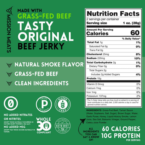 Mission Meats Beef Jerky from 100% Grass Fed & Pasture Raised Beef, Nitrate Nitrite Free, Paleo & Keto Friendly, Whole 30 Snacks, MSG Free, Gluten...