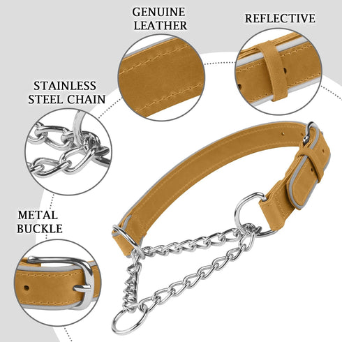 OOPSDOGGY Reflective Leather Martingale Dog Collar - Adjustable No Pull Stainless Steel Chain Training Collar for Small Medium Large Dogs Puppy (C...