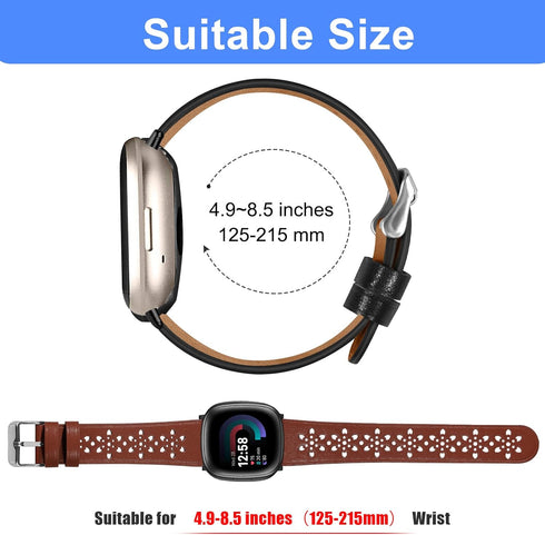 Leather Bands Compatible with Fit bit Versa 4 Bands & Versa 3 Bands & Sense 2 Wristbands, Breathable Floral Hollow-Out Lace Sense Leather Strap fo...