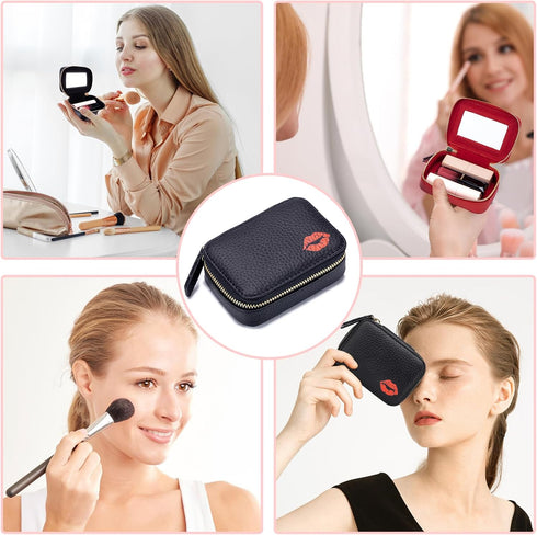 Leather Cometic Bag for Women Mini Travel Lipstick Makeup Bag Organizer with Mirror (Green)...