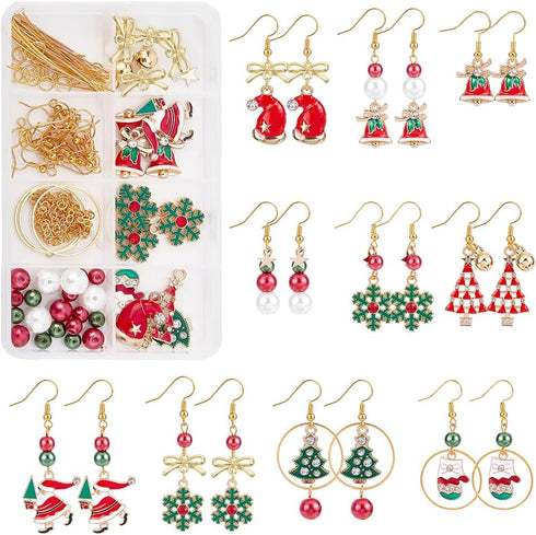 SUNNYCLUE 1 Box DIY 10 Pairs Christmas Enamel Charms Earring Making Kit Jingle Bell Charms for Jewelry Making Rhinestone Christmas Charms Snowflak...
