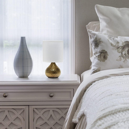 Simple Designs LT2073-GDW Mini Hammered Texture Gold Drip Table Lamp with White Shade...