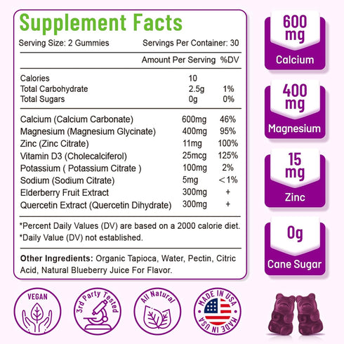 High Absorption Calcium Magnesium Zinc Gummies, Sugar Free Calcium Magnesium Supplement with Potassium Vitamin D3 for Bone & Teeth Strength, Muscl...