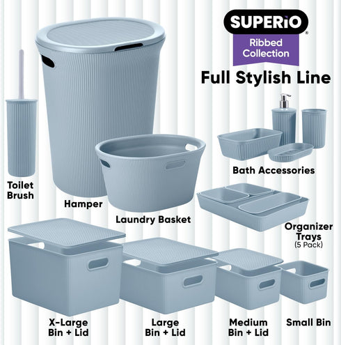 Superio Ribbed Collection - Decorative Plastic Open Home Storage Bins Organizer Baskets, Medium Blue (1 Pack) Container Boxes for Organizing Close...