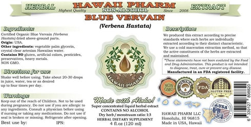 Blue Vervain Alcohol-Free Liquid Extract, Organic Blue Vervain (Verbena Hastata) Dried Above-Ground Parts Glycerite Hawaii Pharm Natural Herbal Su...