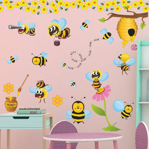 RW-1061 3D Bee Wall Decals Bee Flowers Wall Stickers Cartoon Animals Stickers DIY Removable Animals Tree Branch Wall Art Decor for Kids Babys Nurs...
