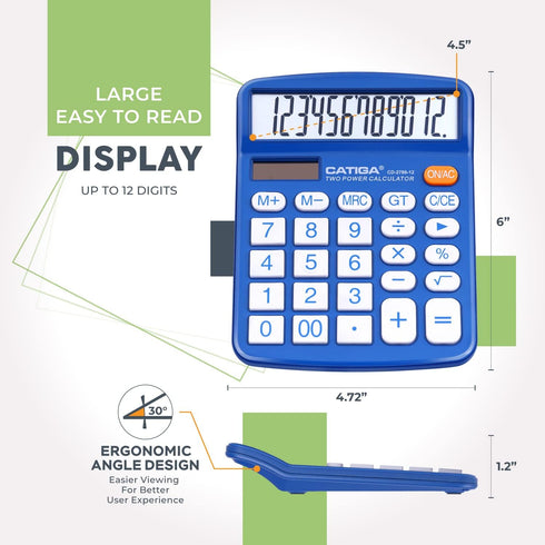 CATIGA Desktop Calculator 12 Digit with Large LCD Display and Sensitive Button, Solar and Battery Dual Power, Standard Function for Office, Home, ...