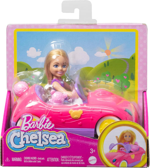 Barbie Chelsea Doll & Toy Car Set with Bear-Themed Convertible & Teddy Bear Accessory, Blonde Small Doll Wears Removable Skirt & Shoes...