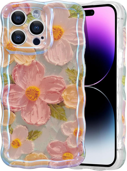 EYZUTAK Case for iPhone 14 Pro Max, Colorful Retro Oil Painting Printed Flower Laser Glossy Pattern Cute Curly Wave Edge Exquisite Stylish Durable...