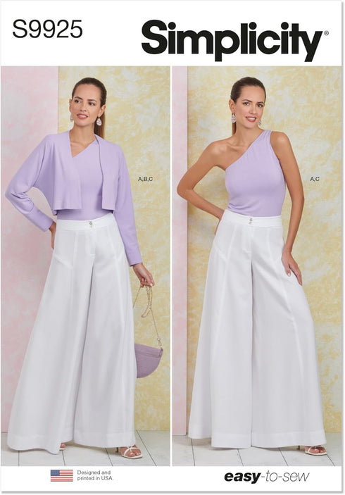 Simplicity Easy to Make Misses' Wide Leg Pants, Knit Shrug and One-Shoulder Top Sewing Pattern Packet, Design Code S9925, Sizes 16-18-20-22-24, Mu...