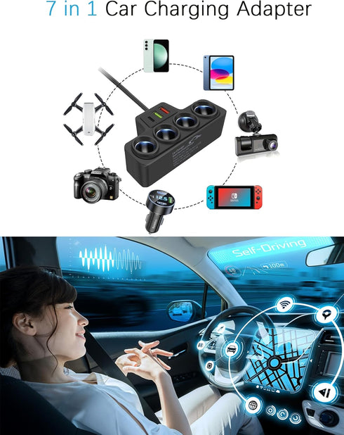 Multi-Function Cigarette Lighter Splitter, Cell Phone Charger, Car Charger, 4 Cigarette Lighter Sockets, 1 PD Fast Charger Port 2-Port USB Power A...