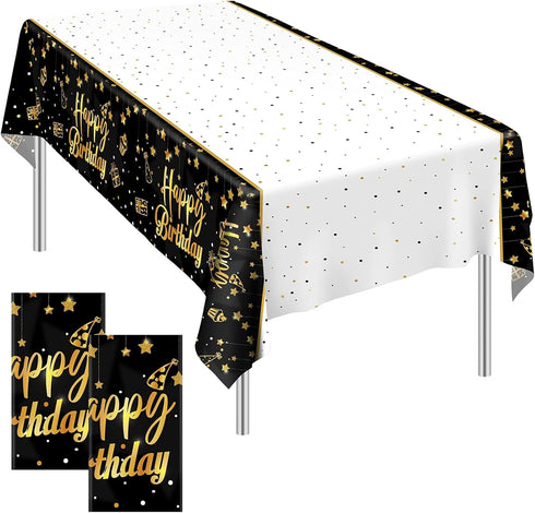 Ruisita 2 Pack Black Gold Table Cloth Cover Happy Birthday Tablecloth Party Tablecloths Rectangular Table Cloth Cover for Indoor or Outdoor Partie...