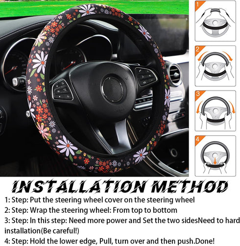 Car Steering Wheel Cover, Universal 15 inch, Soft Elastic and Comfortable, Cute Flowers Steering Wheel Protector, Warm in Winter and Cool in Summe...