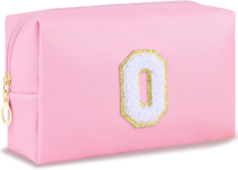 Initial Makeup Bag Personalized Preppy Travel Small Cosmetic Bag Cute PU Pink Chenille Letter Makeup Pouch for Purse Waterproof Zippered Toiletry ...