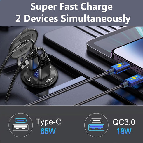 83W 12V USB Power Outlet, Qidoe Aluminum 65W PD USB-C Laptop Charger Socket and 18W QC3.0 Car USB Port with Digital Voltmeter Button Switch Smart ...