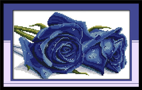 Amiiba Stamped Cross Stitch Kits, Blue Rose Flowers DIY 11CT 17.3x10.6 inch (Blue)...
